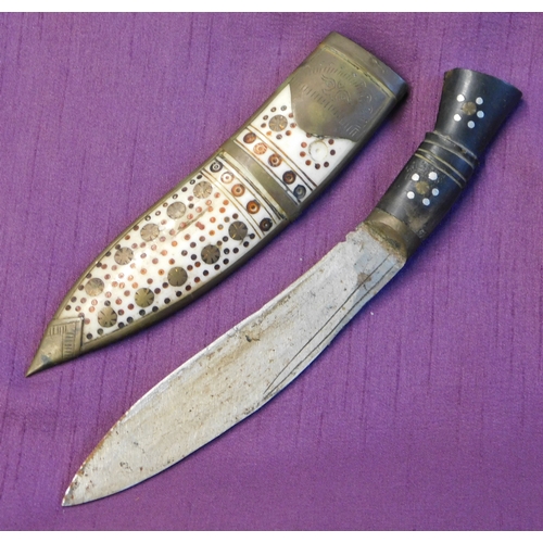 339 - Nepalese Tourist Kukri Knife, bone and wood inlaid sheath with brass frame.