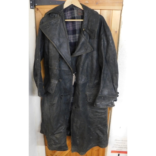 342 - British Leather 1940s long coat, some wear overall and some stitching has come apart but in good ove... 