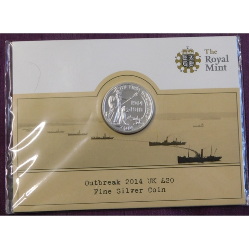 123 - Great Britain 2014 Centenary of the outbreak of the First World War £20 silver coin, BUNC in Royal M... 