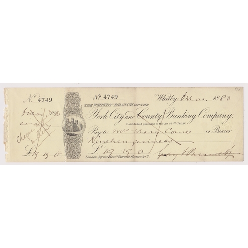 186 - York City & County Banking Co, Whitby. Used Bearer with C/F CO 24/3/79. Black on Yellow. Vig: Abbey,... 