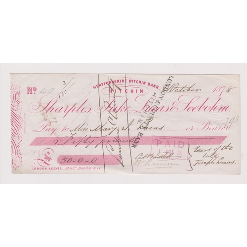 187 - Sharples, Tuke, Lucas & Seebohm 1878, Hertfordshire Hitchin Bank/Hitchin branch, used cheque, red on... 