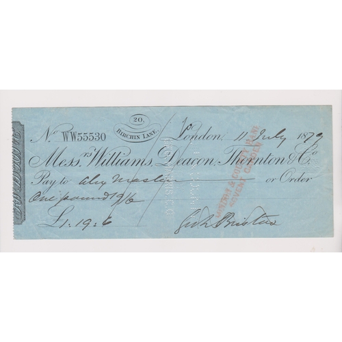 188 - Williams, Deacon Thurton & Co., 1879, used cheque, 20 Birchin Lane, black on light green