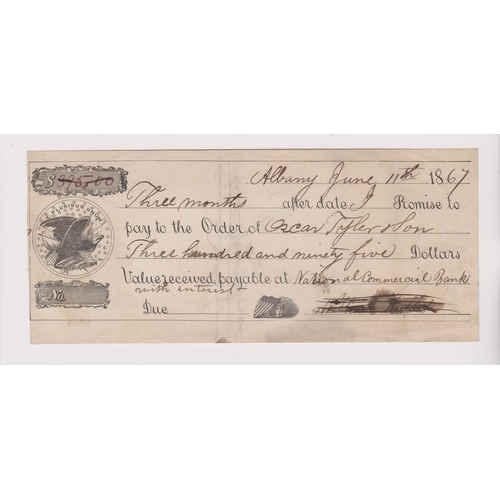 189 - USA 1867 Cheque, Albany, National Commercial Bank, used, engravings at left of USA Eagle, VF