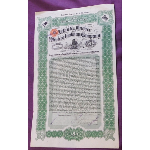 200 - Atlantic, Quebec Western Railway Company, 1906 100 Pounds Bond, green on white, Steam Loco vignette