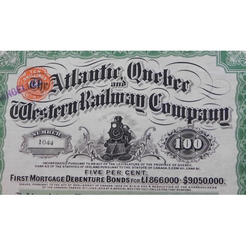 200 - Atlantic, Quebec Western Railway Company, 1906 100 Pounds Bond, green on white, Steam Loco vignette