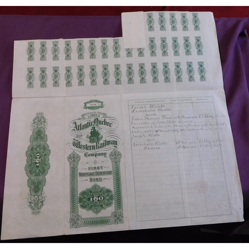 200 - Atlantic, Quebec Western Railway Company, 1906 100 Pounds Bond, green on white, Steam Loco vignette