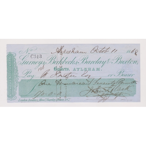 172 - Gurney , Birbecks, Barclays & Buxton's Cheque 1868 Aylsham, used, pale green on light blue. Printer:... 