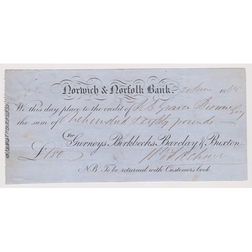 174 - Norwich & Norfolk Bank Cheque 1868 used, for Gurneys, Birbecks, Barclays & Burtons, black on blue