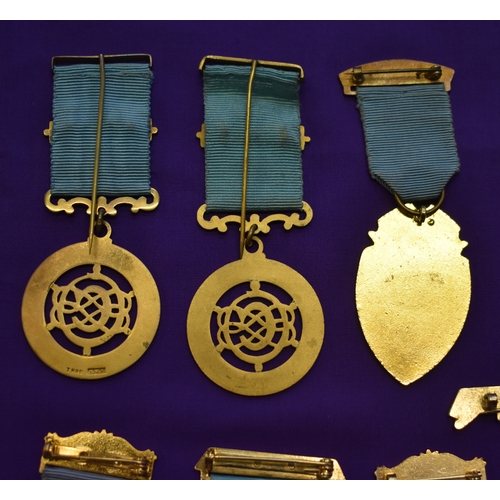 225 - Masonic Medals x7. One Sterling Silver. Otherwise gilt metal with enamel and ribbons. Very good cond... 