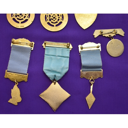 225 - Masonic Medals x7. One Sterling Silver. Otherwise gilt metal with enamel and ribbons. Very good cond... 