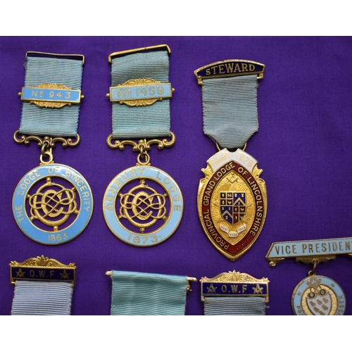 225 - Masonic Medals x7. One Sterling Silver. Otherwise gilt metal with enamel and ribbons. Very good cond... 