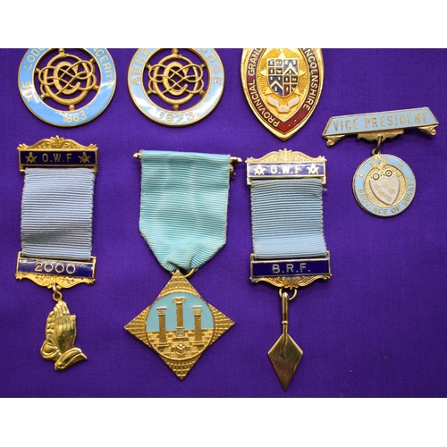 225 - Masonic Medals x7. One Sterling Silver. Otherwise gilt metal with enamel and ribbons. Very good cond... 