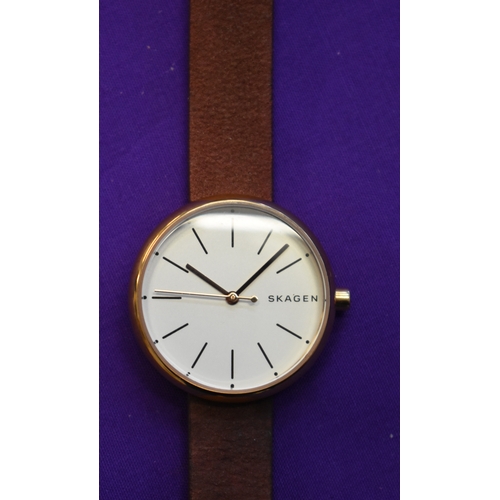 228 - Skagen, Ladies Wrist Watch. Quartz with original leather strap. Very good condtion