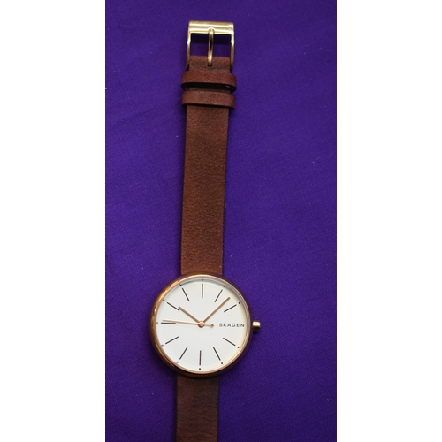 228 - Skagen, Ladies Wrist Watch. Quartz with original leather strap. Very good condtion