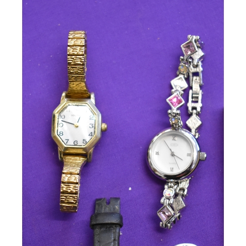 230 - Seven (7) Wrist Watches. Ladies size. Carter, Quartz, in case. Timex Indiglo. Royal London (broken g... 