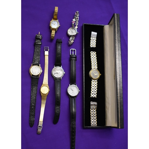 230 - Seven (7) Wrist Watches. Ladies size. Carter, Quartz, in case. Timex Indiglo. Royal London (broken g... 