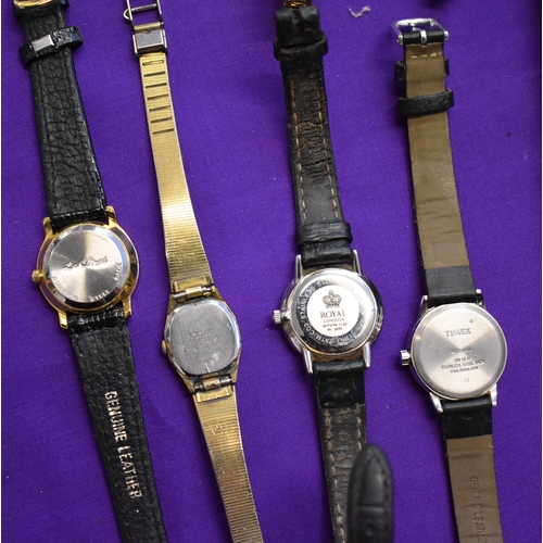 230 - Seven (7) Wrist Watches. Ladies size. Carter, Quartz, in case. Timex Indiglo. Royal London (broken g... 