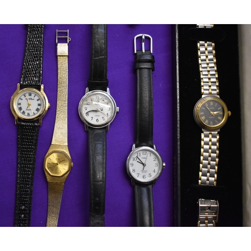 230 - Seven (7) Wrist Watches. Ladies size. Carter, Quartz, in case. Timex Indiglo. Royal London (broken g... 