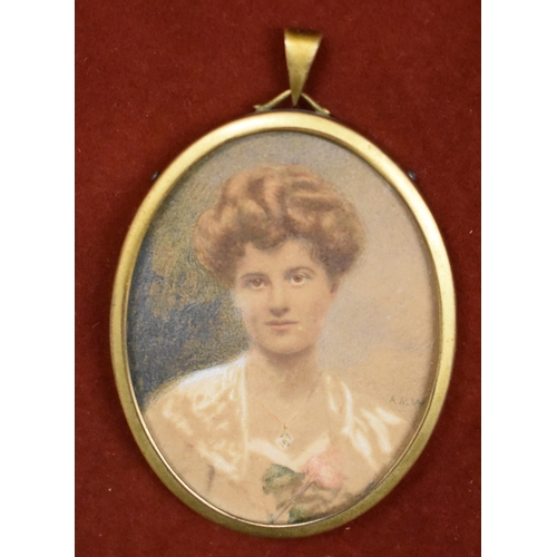 217 - Miniature Portrait of Lady, photo with hand illustrated highlights. Possibly Victorian. In gilt fram... 