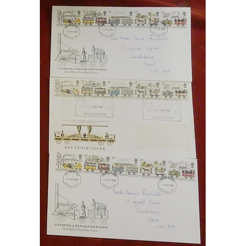240 - Great Britain 1980-2000 Railway anniversary FDCs. Seven 150th anniversary of Liverpool/ Manchester r... 