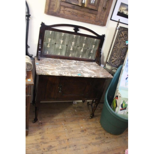 10 - Edwardian Marble Top Washstand with decorative Tiled Back (worm in base)