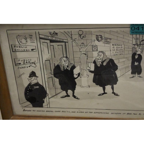 414 - A Vintage Hand-drawn Newspaper Caricature type Court House Scene (26cm x 68cm)