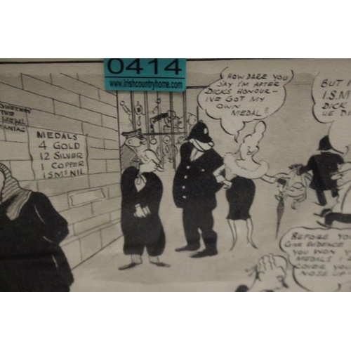 414 - A Vintage Hand-drawn Newspaper Caricature type Court House Scene (26cm x 68cm)