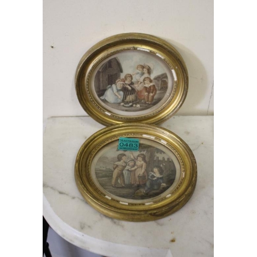 483 - Pair of Oval Gilt Framed Engravings of Children Playing