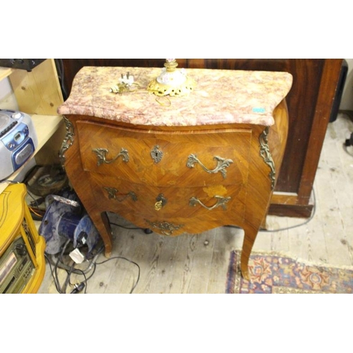 514 - 19th Century Marble Top Bombe Satinwood Chest with Brass Handles and Decoration