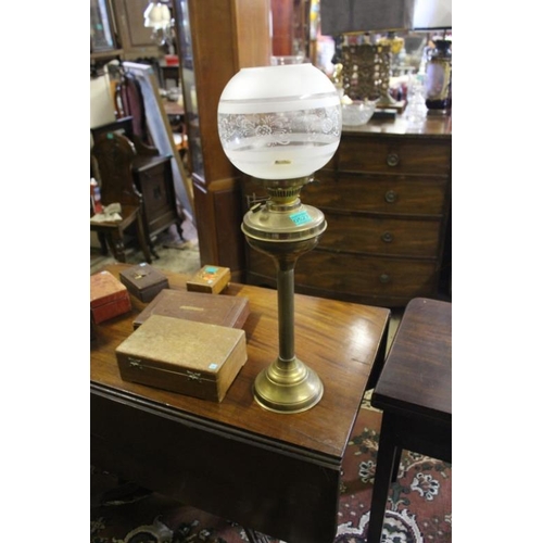 527 - Edwardian Brass Column Oil Lamp and Shade together with a Brass Jug and Soda Syphon