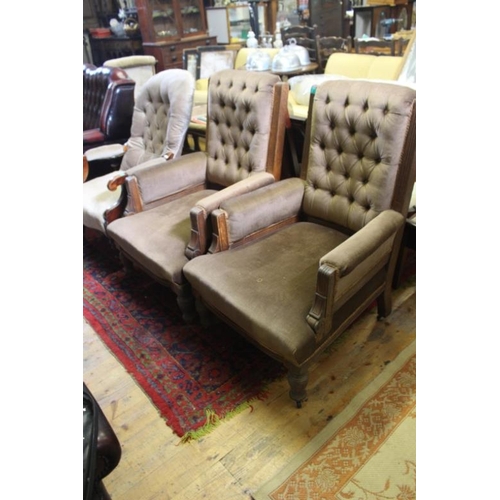 537 - Pair of Victorian Oak Library Chairs with Button back Upholstered