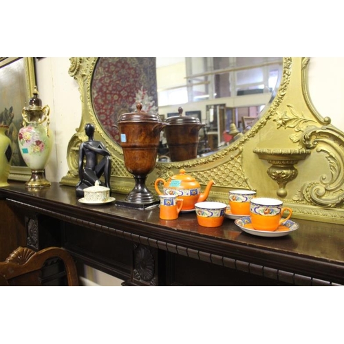 87 - Metal Urn, Figural Statue, An Empire ware Tea Set for 2 and an Empire Jam Dish