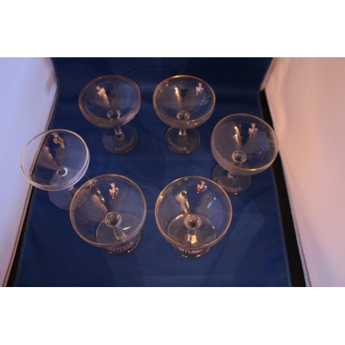 122 - A group of 6 Babysham Glasses with Fawn Logos and lettering to the bases. 5 are the White Fawn Deer ... 