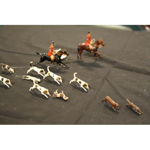 163 - Britains Cast Metal Models of Huntsmen, Hounds and Fox - each Individually Painted