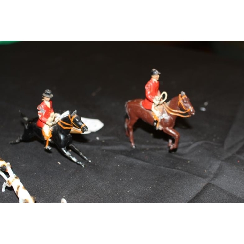 163 - Britains Cast Metal Models of Huntsmen, Hounds and Fox - each Individually Painted