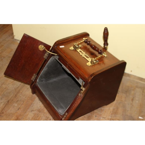 171 - Edwardian Walnut Inlaid Slope Front Coal Box with Shovel.  Excellent example as the Handle on top sl... 