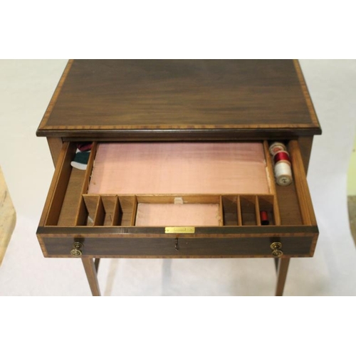 174 - Edwardian Inlaid Walnut Ladies Sewing Table with a Fitted Drawer over 4 Tapered Legs on Brass Castor... 