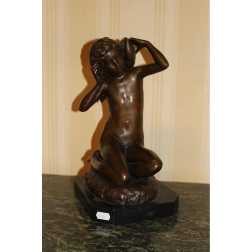 179 - Metal Bronze Patinated Figure of a Young Lady listening to a shell with signature A. Barys (rubbed t... 