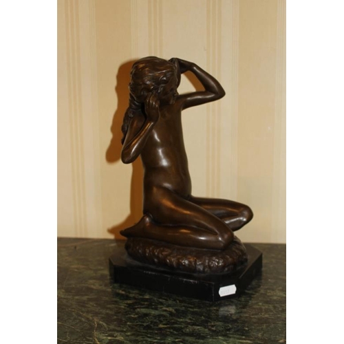 179 - Metal Bronze Patinated Figure of a Young Lady listening to a shell with signature A. Barys (rubbed t... 