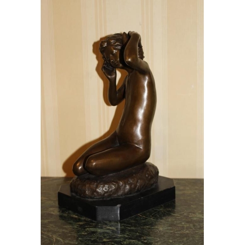 179 - Metal Bronze Patinated Figure of a Young Lady listening to a shell with signature A. Barys (rubbed t... 