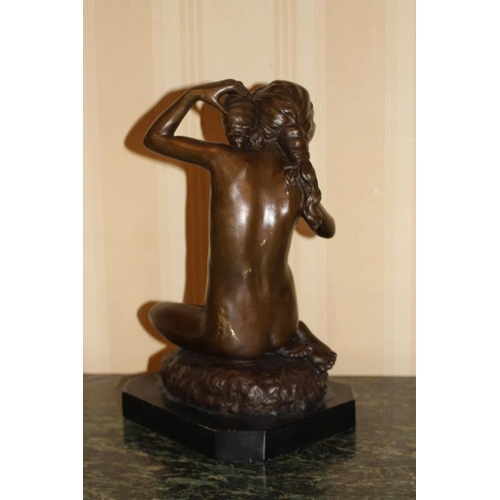 179 - Metal Bronze Patinated Figure of a Young Lady listening to a shell with signature A. Barys (rubbed t... 