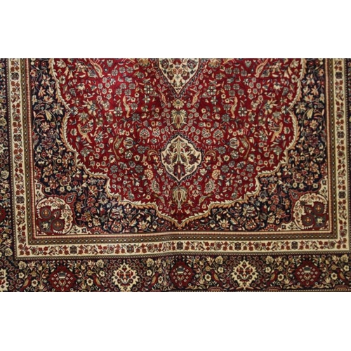 3 - Large Red Ground Kashmir Carpet with Ivory Medallion and Border (310cm x 174cm)