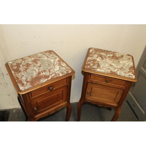 43 - Pair of Early 20th Century French Walnut Marble Top Bedside Lockers (87cm Tall x 42cm Wide x 39cm De... 