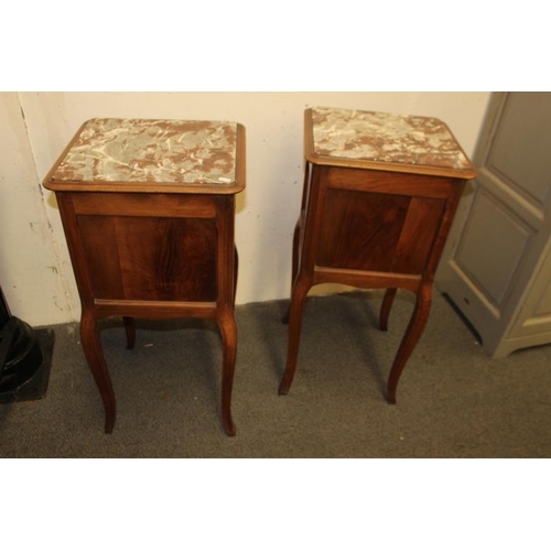 43 - Pair of Early 20th Century French Walnut Marble Top Bedside Lockers (87cm Tall x 42cm Wide x 39cm De... 