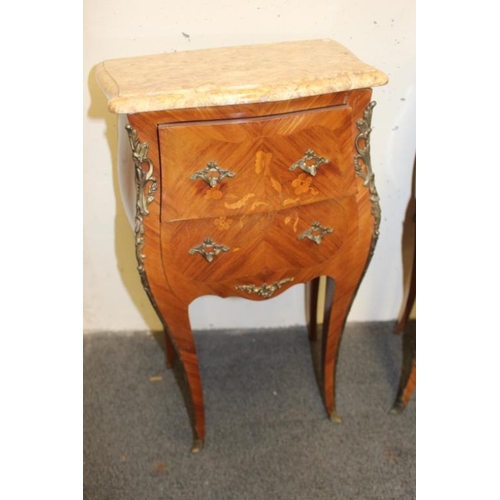 47 - Pair of Early 20th Century Marble Top French Kingwood 2 Drawer Chests on sabre legs (72cm tall x 43c... 