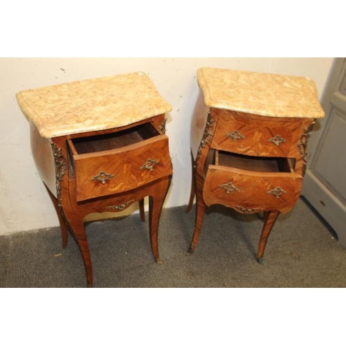 47 - Pair of Early 20th Century Marble Top French Kingwood 2 Drawer Chests on sabre legs (72cm tall x 43c... 