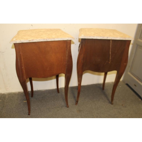 47 - Pair of Early 20th Century Marble Top French Kingwood 2 Drawer Chests on sabre legs (72cm tall x 43c... 