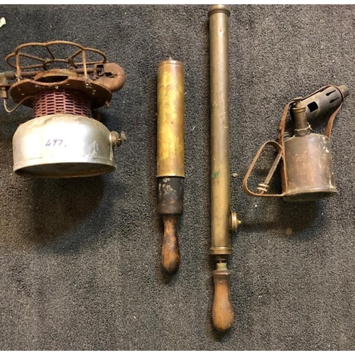 497 - Copper Blow Lamp, Brass Grease Gun, Copper Sprayer and a Kerosene Stove