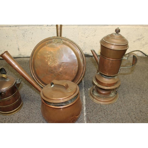 50 - Vintage Copper Spirit Kettle, 19th Century Warming Pan, Tea Pot and a Copper Pan