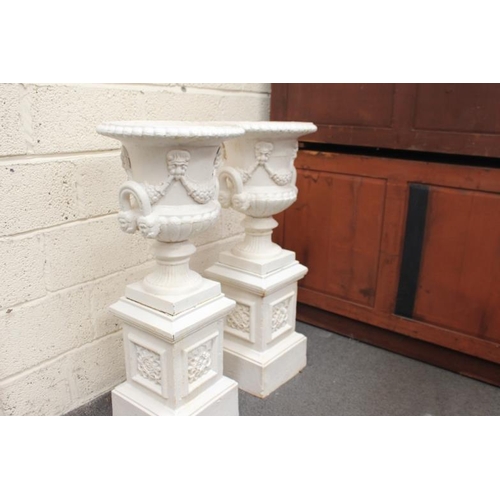 62 - Pair of Cast Iron Garden Urns on Stands (105cm Tall - the Urns are 44cm in diameter)